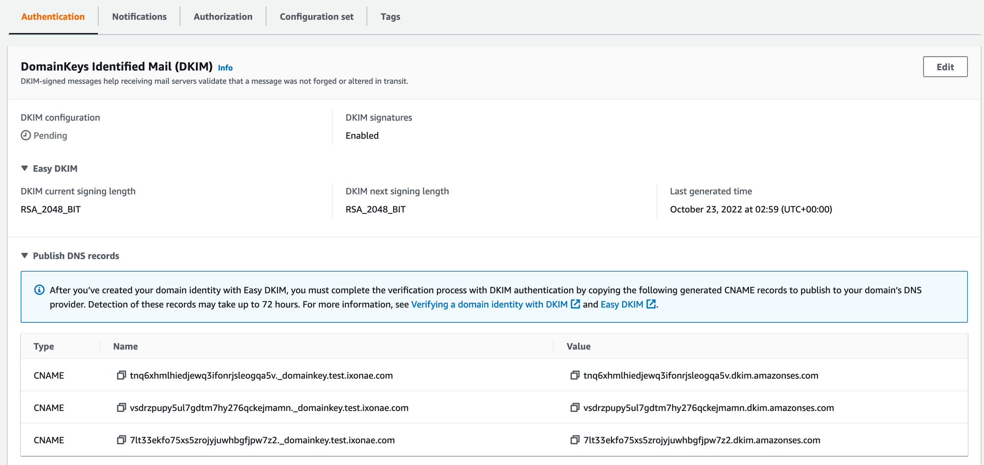 Amazon SES -> Configuration: Verified Identities