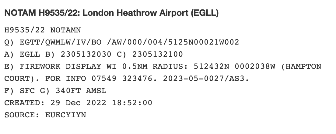 Example of NOTAM message